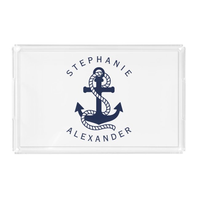 Nautical Navy Blue Anchor Custom Name Serving Tray (Front)