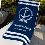 Nautical Navy Blue Anchor Custom Wedding Beach Towel<br><div class="desc">Nautical beach towel wedding favor in a vertical format features an elegant boat anchor framed by a knotted rope and accented with preppy horizontal stripes. Personalize the custom text with your wedding monogram and the destination location. Design includes a classic coastal navy blue and white color scheme.</div>