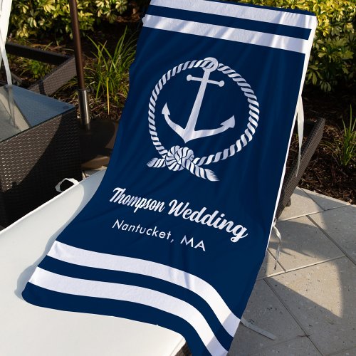 Nautical Navy Blue Anchor Custom Wedding Beach Towel