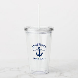Nautical Navy Blue Anchor Family Beach House Acrylic Tumbler