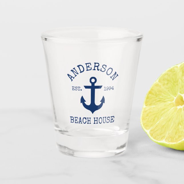 Nautical Navy Blue Anchor Family Beach House Shot Glass (Front)