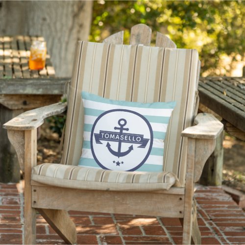 Nautical Navy Blue Anchor Family Name Aqua Stripes Outdoor Pillow