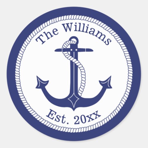 Nautical Navy Blue Anchor Family Name Classic Round Sticker