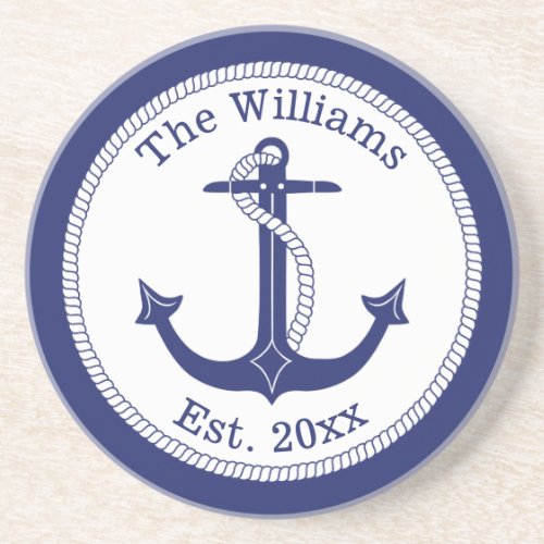 Nautical Navy Blue Anchor Family Name Coaster