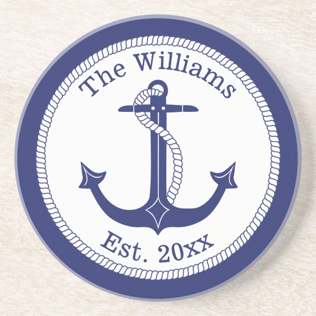 Nautical Navy Blue Anchor Family Name Coaster (Front)