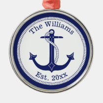 Nautical Navy Blue Anchor Family Name Metal Ornament