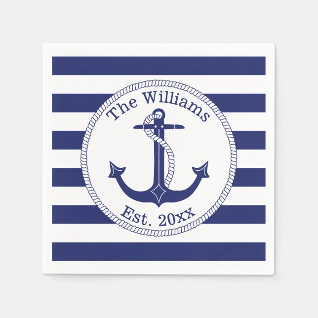 Nautical Navy Blue Anchor Family Name Napkins (Front)