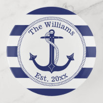 Nautical Navy Blue Anchor Family Name Round Trinket Tray
