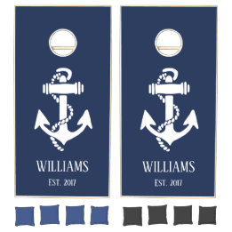 Nautical Navy Blue Anchor Family Name Wedding Cornhole Set