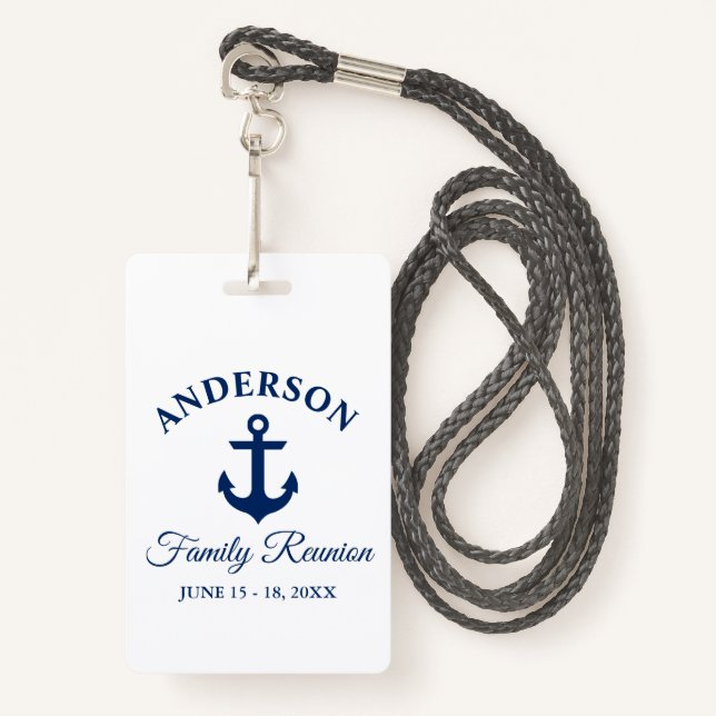 Nautical Navy Blue Anchor Family Reunion Badge (Front with Lanyard)