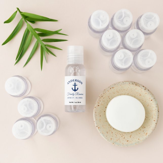 Nautical Navy Blue Anchor Family Reunion Hand Sanitizer (Laydown)