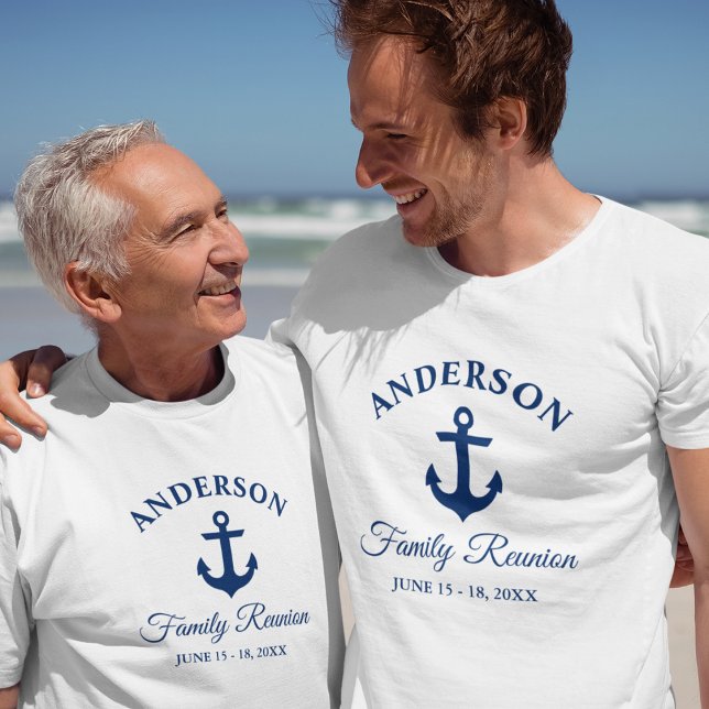 Nautical  Navy Blue Anchor Family Reunion T-Shirt (Customize to change text size. Choose from a variety of shirt colors and styles.)