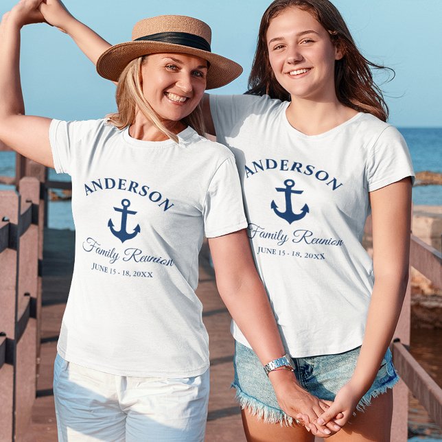 Nautical Navy Blue Anchor Family Reunion Women's T-Shirt (Customize to change text size. Choose from a variety of shirt colors and styles.)