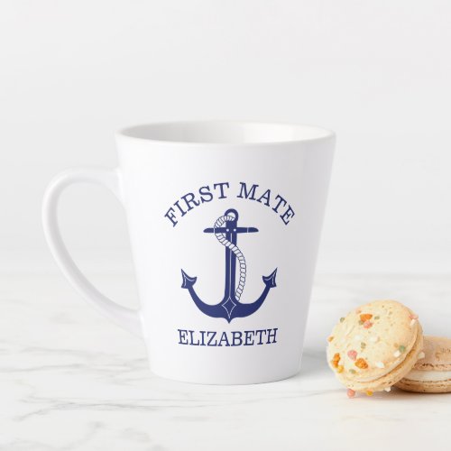 Nautical Navy Blue Anchor First Mate Add Name Latte Mug