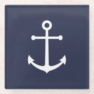 Nautical Navy Blue Anchor Glass Coaster