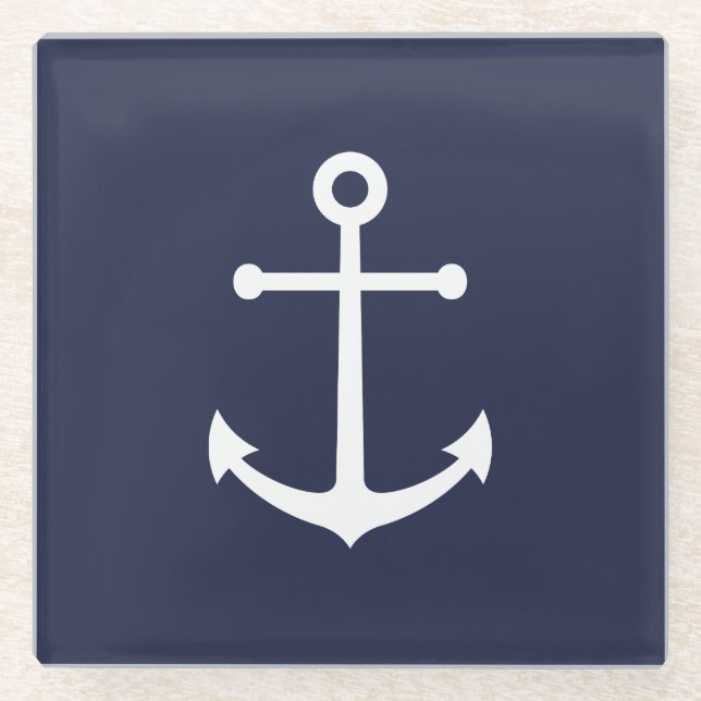 Nautical Navy Blue Anchor Glass Coaster (Front)