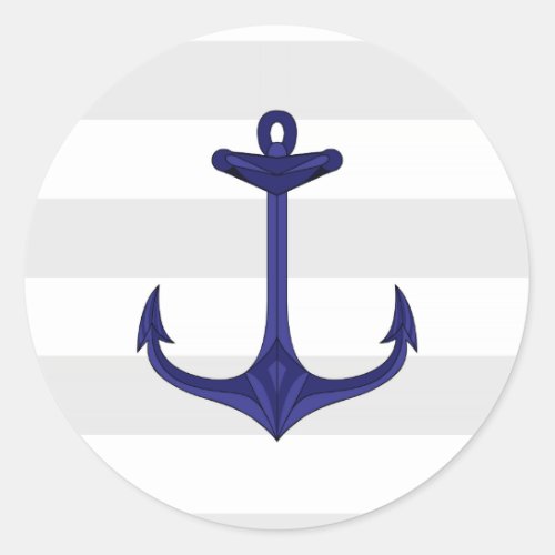 Nautical Navy Blue Anchor Gray White Stripes Classic Round Sticker