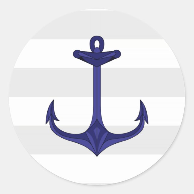 Nautical Navy Blue Anchor Gray White Stripes Classic Round Sticker (Front)
