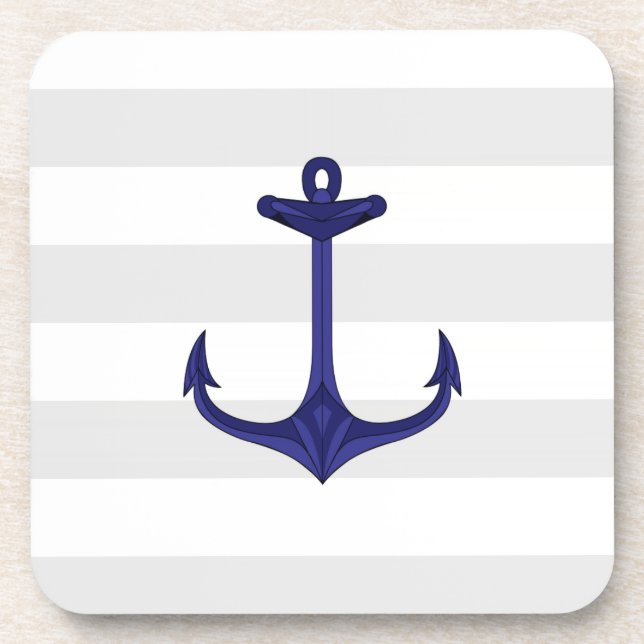 Nautical Navy Blue Anchor Gray White Stripes Coaster (Front)