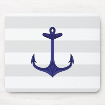 Nautical Navy Blue Anchor Gray White Stripes Mouse Pad by VintageDesignsShop at Zazzle