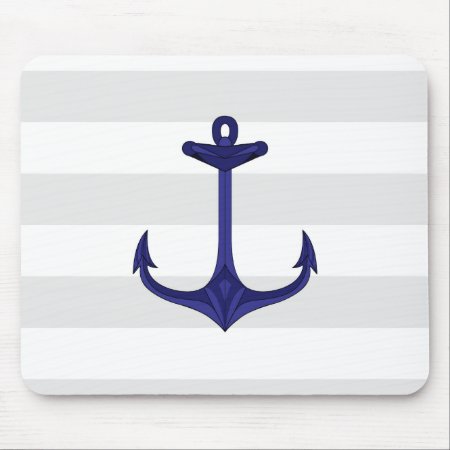 Nautical Navy Blue Anchor Gray White Stripes Mouse Pad