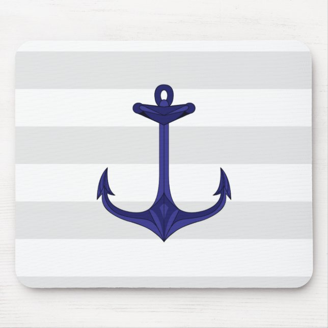 Nautical Navy Blue Anchor Gray White Stripes Mouse Pad (Front)