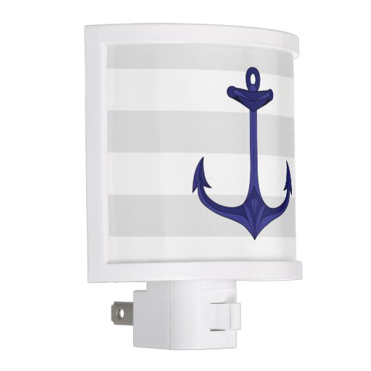Nautical Navy Blue Anchor Gray White Stripes Night Light (Right)