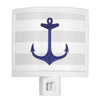 Nautical Navy Blue Anchor Gray White Stripes Night Light