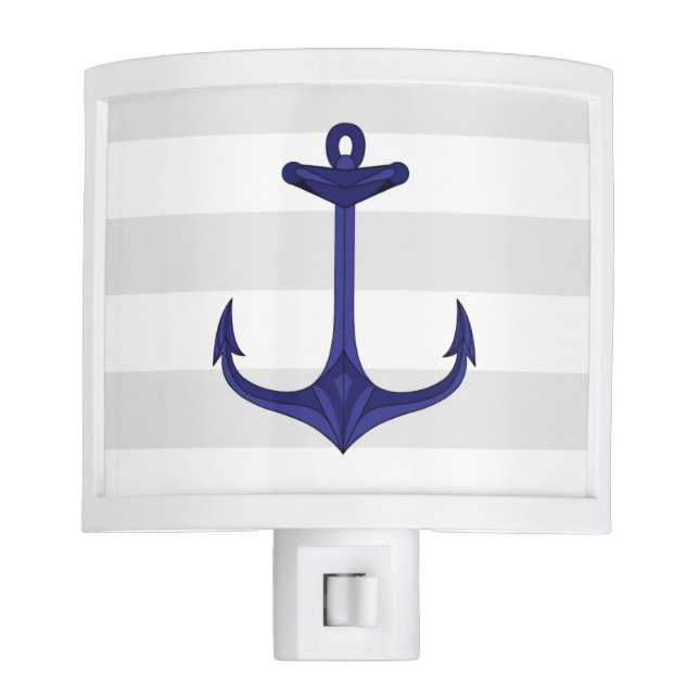 Nautical Navy Blue Anchor Gray White Stripes Night Light (Front)
