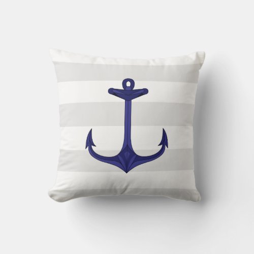 Nautical Navy Blue Anchor Gray White Stripes Throw Pillow