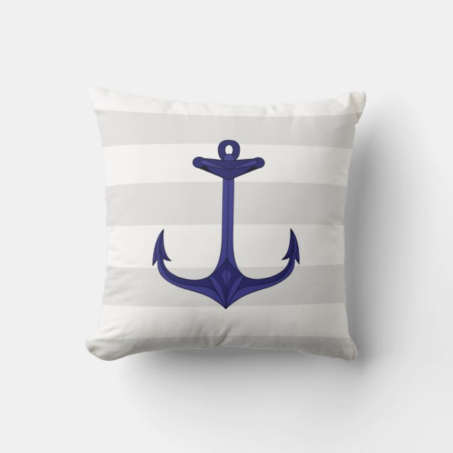 Nautical Navy Blue Anchor Gray White Stripes Throw Pillow (Front)
