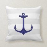 Nautical Navy Blue Anchor Gray White Stripes Throw Pillow