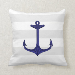Nautical Navy Blue Anchor Gray White Stripes Throw Pillow