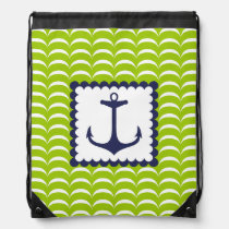Nautical Navy Blue Anchor Green Waves Pattern Drawstring Bag