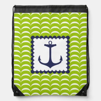 Nautical Navy Blue Anchor Green Waves Pattern Drawstring Bag by VintageDesignsShop at Zazzle