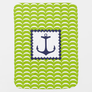 Nautical Navy Blue Anchor Green Waves Pattern Stroller Blanket