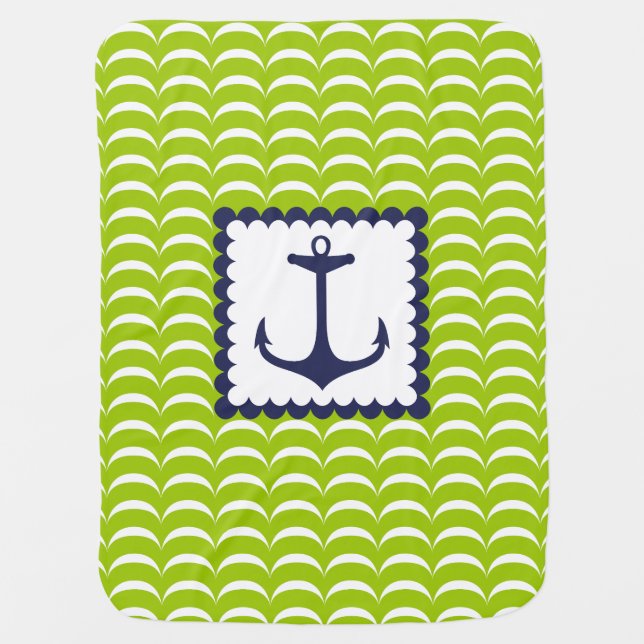 Nautical Navy Blue Anchor Green Waves Pattern Stroller Blanket (Front)