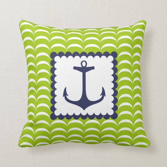 Nautical Navy Blue Anchor Green Waves Pattern Throw Pillow