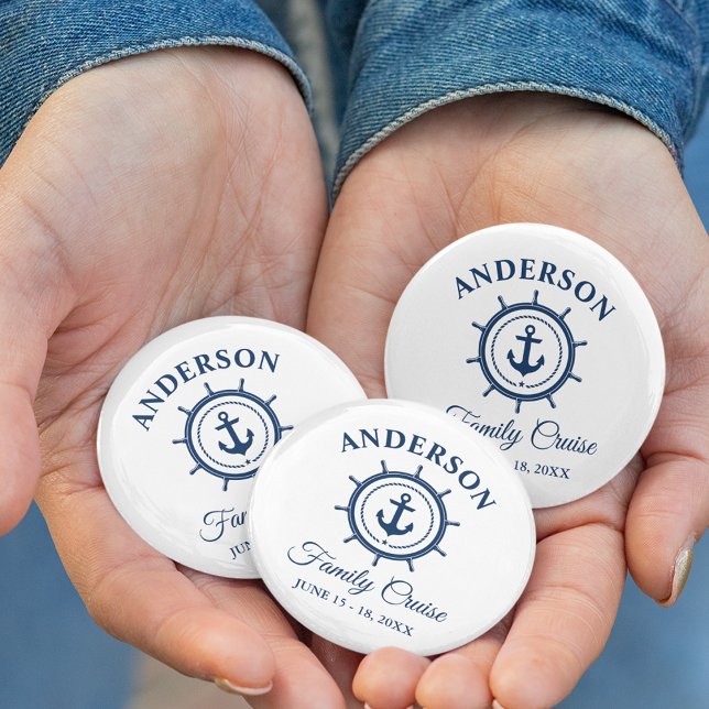 Nautical Navy Blue Anchor Helm Family Cruise Button (Customize to change text size,  text style or background color.)