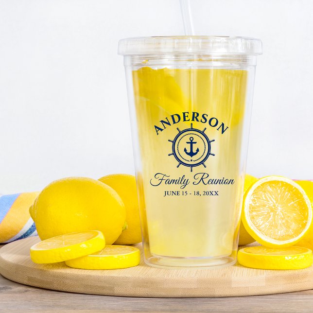 Nautical Navy Blue Anchor Helm Family Reunion Acrylic Tumbler (Customize to change text color.)
