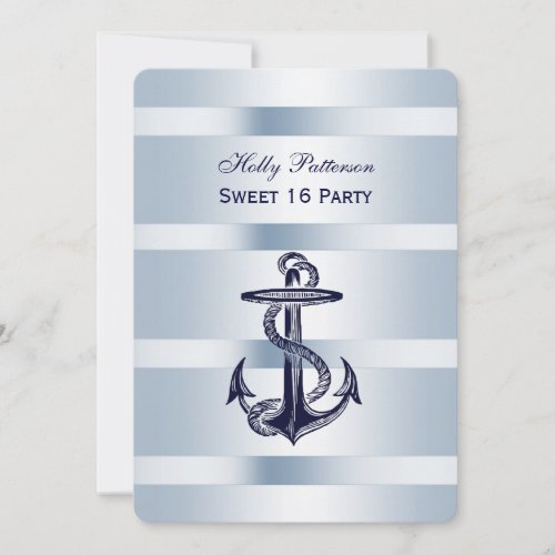 Nautical Navy Blue Anchor Ice Blue BG V Sweet 16 Invitation