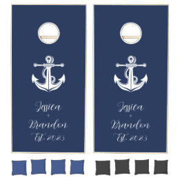 Nautical Navy Blue Anchor Modern Newlyweds Wedding Cornhole Set