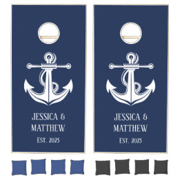 Nautical Navy Blue Anchor Modern Newlyweds Wedding Cornhole Set