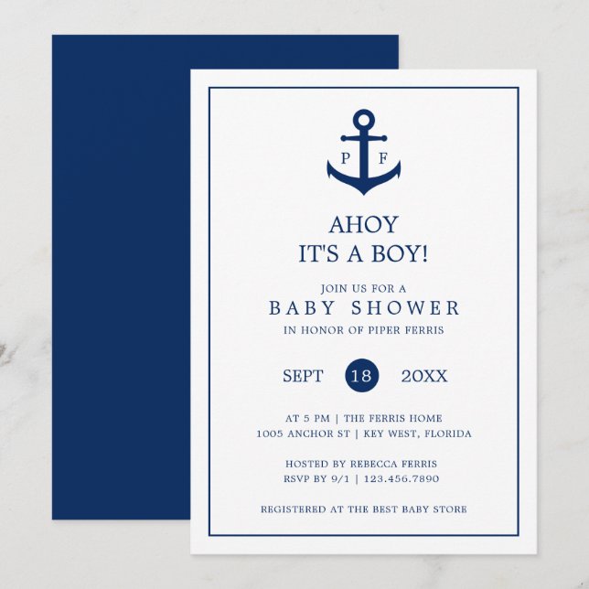 Nautical Navy Blue Anchor Monogram Boy Baby Shower Invitation (Front/Back)