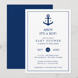 Nautical Navy Blue Anchor Monogram Boy Baby Shower Invitation