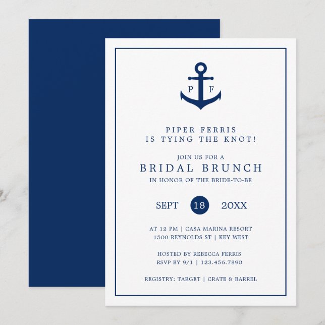Nautical Navy Blue Anchor Monogram Bridal Brunch Invitation (Front/Back)