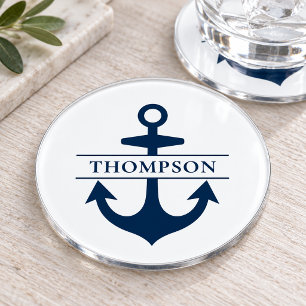Nautical Navy Blue Anchor Monogram Coaster Set
