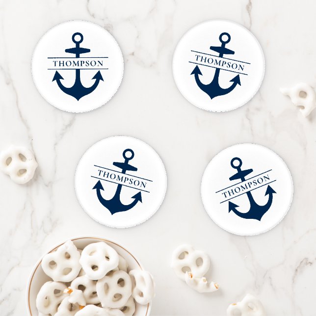 Nautical Navy Blue Anchor Monogram Coaster Set (In Situ)
