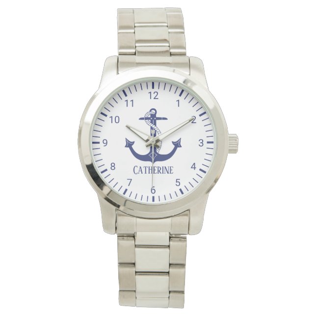 Nautical Navy Blue Anchor Monogram Name Watch (Front)