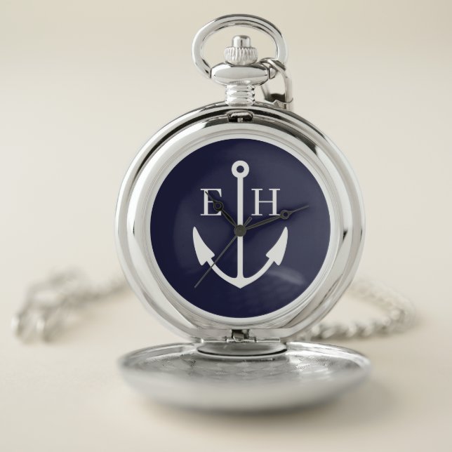 Nautical Navy Blue Anchor Monogram Pocket Watch (Inside)